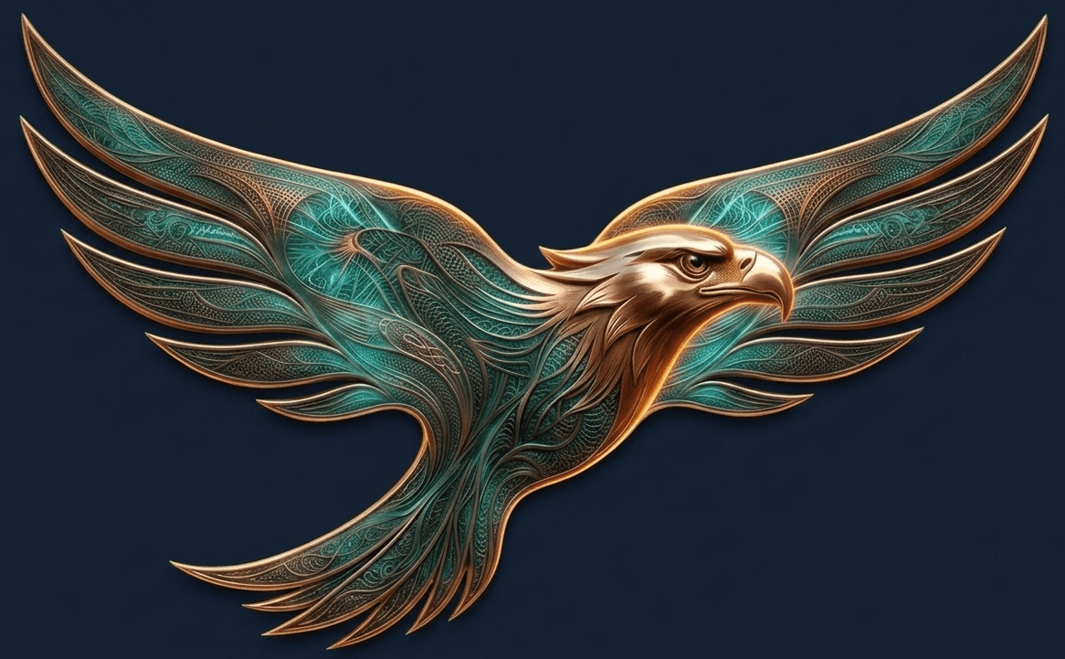 Service Alliance eagle emblem — copper and verdigris, wings spread