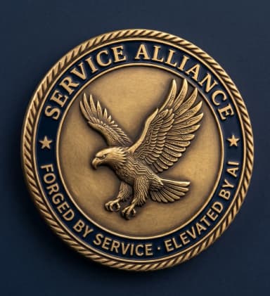 Service Alliance challenge coin — Forged by Service, Elevated by AI