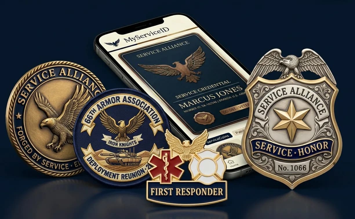 Recognition Market — MyServiceID wallet with ServiceCoins, Iron Knights deployment patch, First Responder pin, and shield badge
