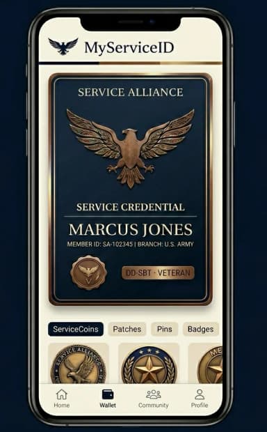 MyServiceID wallet showing a verified Service Credential for Marcus Jones — DD-SBT issued, ServiceCoins and Patches visible